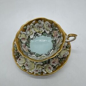 PARAGON By Appointment Double Warrant Cabbage Rose Blue Gold Gilt Cup Saucer